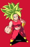  1girl abs absurdres armlet breasts crop_top dragon_ball dragon_ball_super earrings green_eyes green_hair highres jewelry kefla_(dragon_ball) muscular muscular_female pants potara_earrings red_background saiyan shoes simple_background solo sottart spiked_hair super_saiyan 