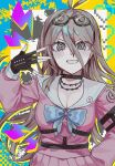  1girl antenna_hair barbed_wire black_choker black_gloves blush breasts choker cleavage danganronpa_(series) danganronpa_v3:_killing_harmony fingerless_gloves gloves goggles goggles_on_head grin hair_between_eyes highres iruma_miu kaiko_(pixiv_42903528) large_breasts long_hair miniskirt multicolored_background pink_shirt pink_skirt pleated_skirt sailor_collar shirt skirt smile solo teeth upper_body white_sailor_collar 