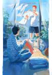  2boys blue_sky blue_theme clothes_hanger curtains day electric_fan folding_clothes full_body highres male_focus mito_youhei multiple_boys nanikoreee9 plant pompadour print_shirt red_hair reflective_floor sakuragi_hanamichi shirt sitting sky slam_dunk_(series) smile 