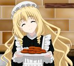  alternate_costume amagi_brilliant_park blonde_hair blue_eyes brick_wall closed_eyes cp9a croquette enmaided head_tilt latifa_fleuranza long_hair maid maid_cap plate running_bond smile upper_body very_long_hair wavy_hair 