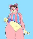 absurd_res animal_crossing anthro bear blue_background blush bottomless clothed clothing clothing_lift embarrassed female genitals grin hi_res lovetopullmicke mammal nintendo pussy shirt shirt_lift simple_background smile solo topwear ursala_(animal_crossing)