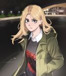  1girl absurdres black_eyes black_sweater blonde_hair breasts building collared_shirt eyebrows_hidden_by_hair green_jacket hands_in_pockets highres jacket long_hair medium_breasts night original shirt solo sweater upper_body veyonis 