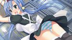  1girl ass blue_hair blush book breasts embarrassed game_cg green_eyes highres large_breasts lautes_alltags legs long_hair looking_away maid maid_headdress open_mouth panties solo sorai_shin&#039;ya sorai_shin'ya standing striped striped_panties thighs twintails underwear 