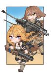  2girls absurdres blue_eyes blush brown_gloves brown_hair closed_eyes day english_commentary full_body gloves green_eyes gun hair_between_eyes highres holding holding_gun holding_weapon knee_pads long_hair looking_at_viewer microphone military multiple_girls open_mouth orange_hair original outdoors scope serious short_hair smile srtdrawart tactical_clothes weapon 