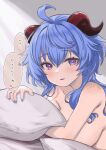  1girl ahoge ayamal_(mainichi_ryokucha) blue_hair blue_nails breasts commentary_request ganyu_(genshin_impact) genshin_impact highres horns large_breasts long_hair looking_at_viewer nail_polish nude parted_lips purple_eyes solo translation_request upper_body 
