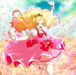  :d aqua_eyes blonde_hair blue_eyes bow choker cure_flora earrings field flower flower_field frilled_skirt frills gloves go!_princess_precure gradient_hair hair_ornament half_updo haruno_haruka jewelry long_hair looking_at_viewer magical_girl multicolored_hair open_mouth outstretched_arm pink_hair pink_skirt precure puffy_sleeves red_bow ribbon skirt smile solo streaked_hair two-tone_hair wavy_hair white_gloves yukabara 