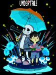  1boy 1other :o =_= absurdres androgynous black_background black_hair black_sclera black_shorts blue_flower blue_jacket brown_footwear cel_shading child closed_eyes colored_sclera commentary copyright_name drawstring facepaint flower frisk_(undertale) full_body grass grin hand_in_pocket highres holding holding_flower holding_umbrella hood hood_down hooded_jacket jacket kamezaemon light_particles looking_up mushroom open_mouth outdoors pink_footwear romper sans shirt shoes short_hair shorts simple_background skeleton slippers smile socks standing telescope umbrella undertale white_eyes white_shirt white_socks 