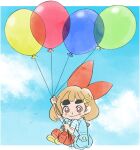  1girl backpack bag balloon blue_sky bow brown_hair child cloud hair_bow hair_ornament hairclip looking_at_viewer lowres lulu_(warioware) official_art pants red_bow red_pants sky smile takeuchi_kou thick_eyebrows third-party_source warioware warioware:_get_it_together! yellow_footwear 