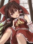  1girl ascot bow brown_eyes brown_hair chalc0 commentary_request detached_sleeves frilled_bow frilled_hair_tubes frills hair_bow hair_tubes hakurei_reimu long_hair looking_at_viewer open_mouth red_bow red_skirt ribbon-trimmed_sleeves ribbon_trim sitting skirt skirt_set solo touhou very_long_hair yellow_ascot 