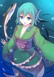  blue_eyes blue_hair breasts bubble cleavage collarbone culter fish head_fins japanese_clothes kimono medium_breasts mermaid monster_girl obi open_mouth sash smile solo touhou underwater wakasagihime 