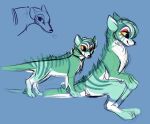 2023 ambiguous_gender anthro black_nose blue_background colored_sketch compression_artifacts concept_art dasyuromorph digital_drawing_(artwork) digital_media_(artwork) digitigrade echo_(tansydrawsnsfw) feral flat_colors fur green_body green_fur green_inner_ear green_mane handpaw hindpaw mammal mane markings marsupial paws red_markings semi-anthro side_view simple_background sitting sketch sketch_page smile snout solo standing striped_body striped_fur stripes tail tansydrawsnsfw thylacine trans_(lore) trans_man_(lore) white_body white_fur yellow_sclera