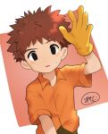  1boy black_eyes brown_hair child collared_shirt digimon digimon_adventure gloves highres izumi_koshiro male_focus orange_shirt saemis0 shirt short_hair short_sleeves solo yellow_gloves 