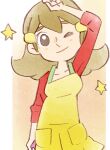  1girl 5-volt apron arm_up brown_eyes brown_hair long_hair looking_at_viewer official_art one_eye_closed red_shirt shirt simple_background smile star_(symbol) takeuchi_kou third-party_source warioware warioware:_get_it_together! yellow_apron 