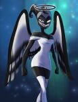 angel angel_humanoid black_body black_feathers breasts clothed clothing devilsroost dress exorcist_(hazbin_hotel) feathers female glowing glowing_eyes grey_body grey_feathers halo hazbin_hotel hi_res horn humanoid lute_(hazbin_hotel) open_mouth open_smile simple_background smile solo thick_thighs wings