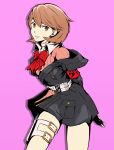  1girl arms_behind_back belt black_gloves black_jacket bow bowtie brown_eyes brown_hair cardigan choker collared_shirt commentary cowboy_shot earrings evoker gloves heart heart_choker highres jacket jewelry kurimupaizuri looking_at_viewer loose_bowtie official_alternate_costume parted_lips persona persona_3 persona_3_reload pink_background pink_cardigan red_bow red_bowtie s.e.e.s shirt short_hair smile solo stud_earrings takeba_yukari thigh_strap white_choker white_shirt 