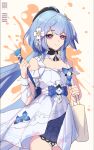 1girl absurdres bag bare_shoulders blue_hair breasts brown_background cleavage closed_mouth commentary_request dress griseo hand_up highres holding holding_paintbrush holding_strap honkai_(series) honkai_impact_3rd looking_at_viewer paintbrush pink_eyes small_breasts smile solo white_dress yitian123 