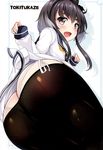  :d absurdres ass black_hair black_legwear eyebrows fang grey_eyes hat highres hinata_sora kantai_collection kunreishiki long_sleeves mini_hat open_mouth panties panties_under_pantyhose pantyhose school_uniform serafuku side-tie_panties smile string_panties thick_eyebrows tokitsukaze_(kantai_collection) underwear 