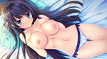  bed_sheet black_hair blue_eyes blue_panties blush breasts game_cg hair_ribbon large_breasts long_hair looking_at_viewer lying manazuru_misaki natsu_no_iro_no_nostalgia navel nipples on_back on_bed one_side_up panties pillow ribbon smile solo sweat topless underwear yamakaze_ran 