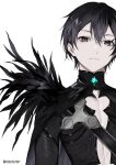  1boy black_cape black_eyes black_feathers black_hair black_jacket cape feathers highres jacket jewelry kirito lam_(ramdayo) looking_at_viewer official_art pale_skin revealing_clothes short_hair strap sword_art_online white_background 
