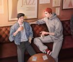  2boys black_hair booth_seating cup feet_out_of_frame hand_in_pocket holding holding_cup indoors looking_at_another male_focus mito_youhei multiple_boys nongnol234 pompadour red_hair round_table sakuragi_hanamichi sitting slam_dunk_(series) smile table 