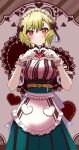  1girl absurdres apron blonde_hair citrinne_(fire_emblem) fire_emblem fire_emblem_engage frilled_apron frilled_bracelet frills gloves heart highres looking_at_viewer mu_tu_bu red_eyes solo striped_clothes vertical-striped_clothes white_gloves 
