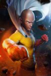  1boy abs bald belt black_belt black_eyes bodysuit brahim_azizi cape clenched_hands closed_mouth commentary gloves highres male_focus one-punch_man outdoors realistic red_gloves saitama_(one-punch_man) solo standing web_address white_cape yellow_bodysuit 