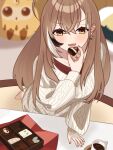  ahoge bird blurry blurry_background box box_of_chocolates brown_eyes brown_hair chocolate coffee_cup cup disposable_cup earrings food hair_between_eyes hair_over_shoulder highres holding holding_chocolate holding_food hololive hololive_english indoors jewelry leaning_on_table light_blush long_hair looking_at_viewer multicolored_hair nanashi_mumei nanashi_mumei_(casual) official_alternate_costume open_mouth oversized_clothes owl red_skirt shishi_cc skirt standing standing_on_one_leg streaked_hair stuffed_toy sweater v-shaped_eyebrows white_sweater 