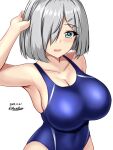  1girl arm_up armpits bare_shoulders blue_one-piece_swimsuit blush breasts cleavage collarbone covered_navel dated grey_hair hair_ornament hair_over_one_eye hairclip hamakaze_(kancolle) highleg highleg_swimsuit highres kantai_collection looking_at_viewer montemasa one-hour_drawing_challenge one-piece_swimsuit open_mouth simple_background skindentation smile solo swimsuit twitter_username upper_body white_background 