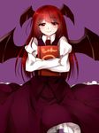  bad_id bad_pixiv_id blush book book_hug carrying collared_shirt cowboy_shot demon_wings half-closed_eyes head_wings highres holding holding_book juliet_sleeves koakuma long_hair long_sleeves looking_at_viewer necktie pantyhose puffy_sleeves purple_background red_eyes red_hair shirt sizimi-sijimi skirt skirt_set smile solo touhou vest wings 