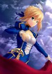  ahoge artoria_pendragon_(all) blonde_hair caliburn cloth dress fate/stay_night fate_(series) green_eyes hair_ribbon kai_(link2262) planted_sword planted_weapon ribbon saber sheath sheathed solo sword weapon 