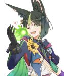  1boy ;d animal_ear_fluff animal_ears asymmetrical_sleeves black_gloves black_hair black_shirt blunt_bangs brown_eyes cape commentary_request drawstring earrings fangs flower fox_ears genshin_impact gloves gradient_hair green_cape green_eyes green_hair hair_between_eyes hand_up heart hood hood_down hoodie jewelry long_sleeves male_focus medal multicolored_clothes multicolored_eyes multicolored_hair one_eye_closed open_mouth seelie_(genshin_impact) shirt short_hair short_sleeves simple_background single_earring smile solo speech_bubble spoken_heart streaked_hair tassel teeth tighnari_(genshin_impact) turtleneck uneven_sleeves upper_body upper_teeth_only white_background wrist_cuffs yellow_flower yoneya_(ocome_otabe) 