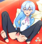  anal_fingering barefoot blue_eyes bow condom eyebrows_visible_through_hair fingering gloves gundam gundam_build_fighters gundam_build_fighters_try kijima_shia leggings long_legs pink_bow pussy shoujo_donburi silver_hair solo spread_pussy 
