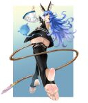  1girl animal_ear_fluff animal_ears ass back backless_outfit belt black_choker black_thighhighs blue_hair blush border breasts center_opening choker dizzy_(guilty_gear) earrings eiji_(eiji) erune feet ferry_(granblue_fantasy) foot_focus foreshortening full_body ghost granblue_fantasy granblue_fantasy_versus granblue_fantasy_versus:_rising guilty_gear guilty_gear_xrd hair_between_eyes highres holding holding_weapon holding_whip jewelry long_hair medium_breasts showgirl_skirt skindentation solo stirrup_legwear thigh_strap thighhighs toeless_legwear underboob upskirt weapon whip white_border wide_sleeves wolf_ears 