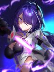  1girl absurdres acheron_(honkai:_star_rail) adamosina black_choker black_gloves breasts choker cleavage english_commentary gloves hair_over_one_eye highres holding holding_sword holding_weapon honkai:_star_rail honkai_(series) large_breasts long_hair looking_at_viewer navel purple_eyes purple_hair sketch solo stomach sword unfinished upper_body very_long_hair weapon 