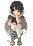  1girl absurdres black_hair breasts cape commentary_request full_body grey_cape highres looking_at_viewer mega_stone pokemon pokemon_oras red_eyes simple_background smug solo squatting ssrg_pkmn ssrg_srrg white_background zinnia_(pokemon) 