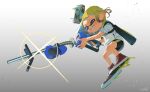 1girl bike_shorts black_shorts blonde_hair blue_eyes commentary_request cross-laced_footwear crown e-liter_4k_(splatoon) eyebrow_cut full_body glint gradient_background grey_background gun highres holding holding_gun holding_weapon ink_tank_(splatoon) inkling_girl inkling_player_character medium_hair pointy_ears puchiman red_footwear shirt shoes shorts signature simple_background smile solo splatoon_(series) splatoon_3 teeth tentacle_hair weapon white_shirt 
