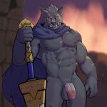 2024 abs anthro balls barazoku biceps big_balls big_muscles big_penis blaidd_(elden_ring) blurred_background canid canine canis cape clothing elden_ring flaccid fromsoftware fur genitals hi_res huge_muscles humanoid_genitalia humanoid_penis jrjresq looking_at_viewer male mammal melee_weapon muscular muscular_anthro muscular_male navel night nipples notched_ear nude outside pecs penis scar serratus solo standing sword teeth tuft weapon wolf