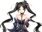  1girl bare_shoulders black_eyes black_hair breasts cleavage elbow_gloves game_cg gloves hat highres large_breasts long_hair looking_at_viewer simple_background solo standing swordsouls twintails watashi_no_yuusha_ha_tajuu_shinkaku-sha 