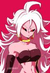  1girl absurdres android_21 dragon_ball dragon_ball_fighterz earrings highres jewelry navel pointy_ears red_background red_eyes simple_background solo sottart white_hair 