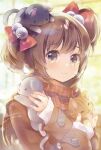  1girl :3 =_= animal animal_on_head bell black_cat blurry blurry_background blush bow brown_eyes brown_hair brown_jacket cat cat_day closed_eyes closed_mouth commentary_request depth_of_field ech hair_bell hair_bow hair_ornament jacket jingle_bell long_sleeves looking_at_viewer on_head original plaid plaid_scarf red_bow red_scarf scarf sleeves_past_wrists smile solo sweater twintails upper_body white_sweater 