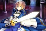  ahoge armor armored_dress artoria_pendragon_(all) blonde_hair dress excalibur fate/stay_night fate_(series) gauntlets glowing glowing_sword glowing_weapon green_eyes highres kmu_(fox_also_maple) saber solo sword weapon 