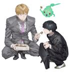  3boys absurdres bag black_eyes black_footwear black_hair black_jacket black_pants blonde_hair box chamuring collared_shirt ekubo_(mob_psycho_100) food full_body gakuran ghost grey_jacket grey_pants grey_suit highres holding holding_box jacket kageyama_shigeo long_sleeves mob_psycho_100 multiple_boys necktie pants pink_necktie profile reigen_arataka school_bag school_uniform shirt shoes short_hair simple_background squatting suit takoyaki white_background white_footwear white_shirt 