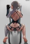  1girl artist_name ass back bandaged_arm bandaged_leg bandages barefoot black_gloves braid breasts chair feet from_behind full_body gloves grey_background highres kaine_(nier) large_breasts looking_back negligee nier nier_(series) panties photo-referenced seraziel solo underwear white_panties 