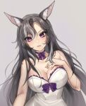  1girl animal_ear_fluff animal_ears breasts brown_hair choker cleavage crewmay2 dress grey_background hair_between_eyes highres indie_virtual_youtuber large_breasts long_hair looking_at_viewer parted_lips purple_eyes rima_evenstar simple_background solo strapless strapless_dress upper_body virtual_youtuber white_dress 