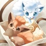  :3 alolan_vulpix animal_focus blue_eyes box brown_eyes brown_fur cookie fluffy food food_in_mouth fox highres holding looking_at_viewer multicolored_fur multiple_tails no_humans pokemon pokemon_(creature) pokemon_sm red_fur sasabunecafe sitting tail tongue tongue_out two-tone_fur vulpix white_fur 