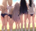  5girls absurdres alternate_costume arm_around_waist ass black_hair blonde_hair blue_buruma blue_hair buruma commentary day dog_girl dog_tail english_commentary facing_away feet_out_of_frame fingernails from_behind fuwawa_abyssgard grey_hair gym_shirt gym_uniform head_out_of_frame height_difference highres holding holoadvent hololive hololive_english kneepits koseki_bijou long_hair mococo_abyssgard mole mole_on_thigh multicolored_hair multiple_girls nail_polish nerissa_ravencroft outdoors prab relay_baton running_track shiori_novella shirt short_hair short_sleeves siblings side-by-side sisters socks split-color_hair standing tail tail_raised twins two-tone_hair very_long_hair virtual_youtuber white_shirt white_socks 