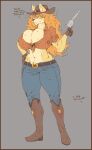 abs absurd_res anthro big_breasts border breasts brown_border canid canine ceroba_(undertale_yellow) clothed clothing cowboy_hat female fox gun hair handgun hat headgear headwear hi_res huge_breasts mammal orange_hair ranged_weapon red_eyes revolver signirsol skimpy solo text undertale undertale_(series) undertale_yellow weapon