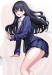  1girl :d black_hair blazer blue_jacket blue_skirt blush boku_no_kokoro_no_yabai_yatsu brown_eyes collared_shirt commentary dress_shirt feet_out_of_frame hair_between_eyes highres jacket long_hair long_sleeves looking_at_viewer pleated_skirt purple_sweater ririko_(zhuoyandesailaer) school_uniform shirt skirt smile solo sweater very_long_hair white_shirt yamada_anna 