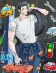 168broccoli 1boy black_eyes black_hair blue_jumpsuit bolt carrying_over_shoulder cigarette cowboy_shot dirty dirty_clothes dirty_face gloves highres jumpsuit male_focus mechanic mito_youhei mouth_hold pompadour screwdriver slam_dunk_(series) sleeves_rolled_up smile solo sweat taxi tire toolbox traffic_light white_gloves wrench 