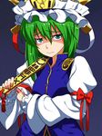  arm_ribbon black_background green_eyes green_hair hat jitome ribbon rod_of_remorse shiki_eiki solo tenpura_(tenpura621) touhou 